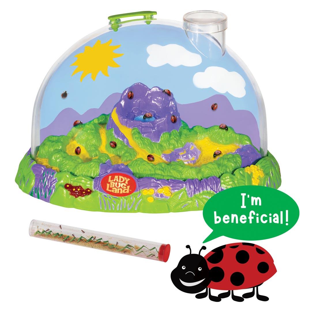 Ladybug Land Live Habitat, with vial of ladybug grubs, and a cartoon ladybug saying the words: I'm beneficial!