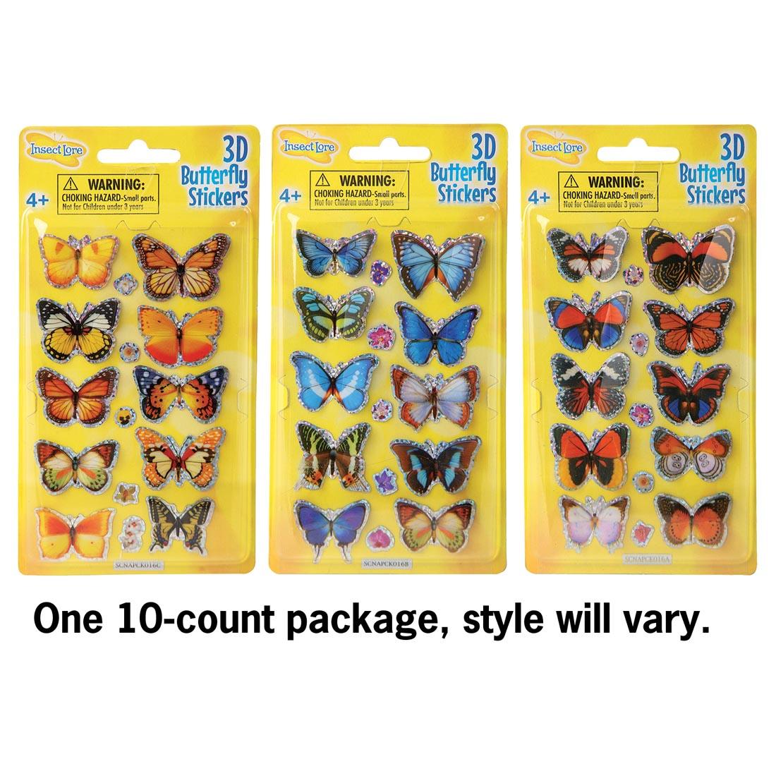 3 Packages of 3D Butterfly Stickers, with the words: One 10-count package, style will vary.