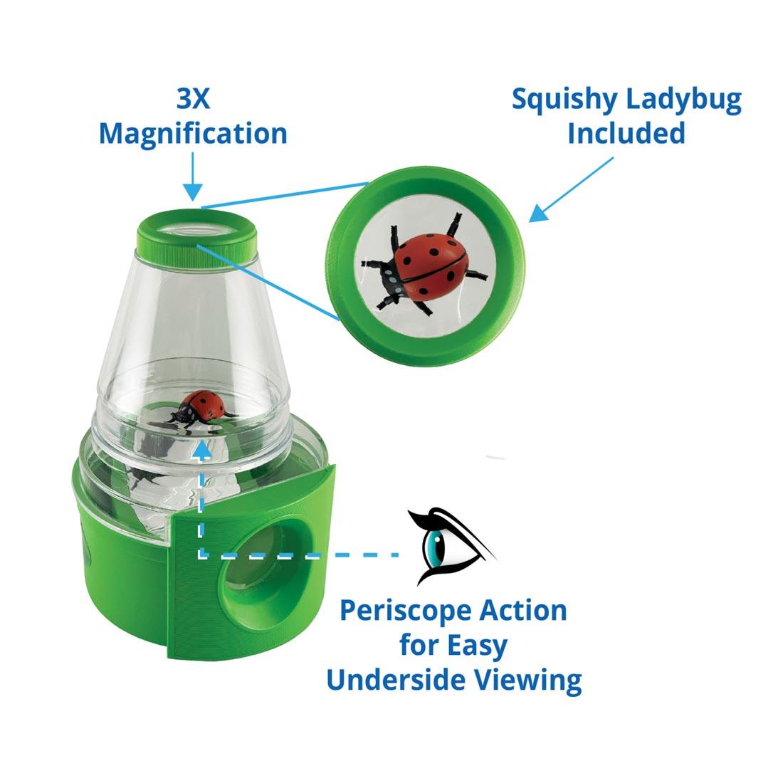 Creature Peeper, with words explaining periscope action for underside viewing, 3X magnification, and squishy ladybug included