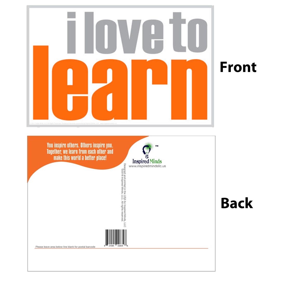 Front and back of the I Love To Learn Postcard