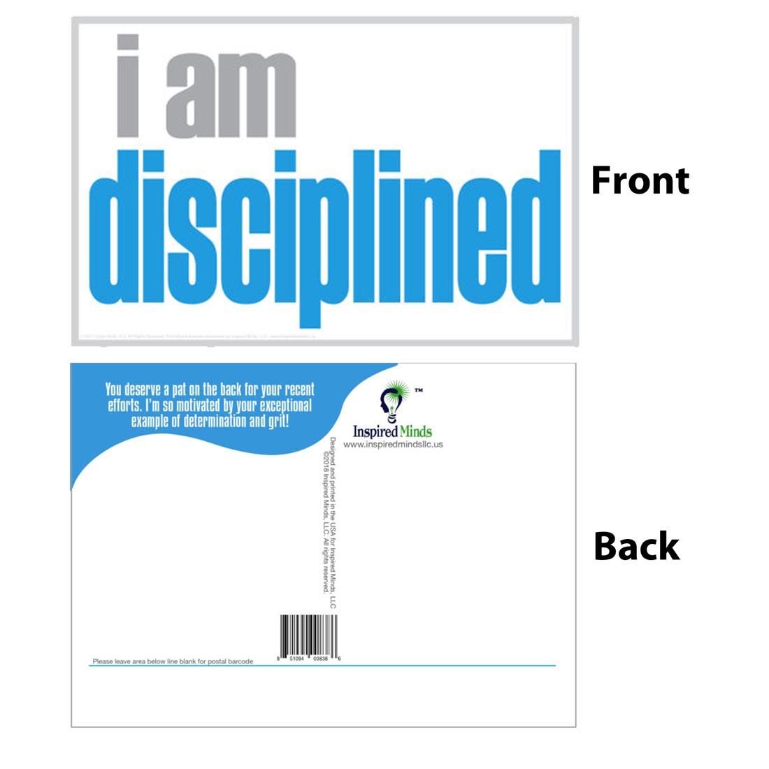 Front and back of the I Am Disciplined Postcard