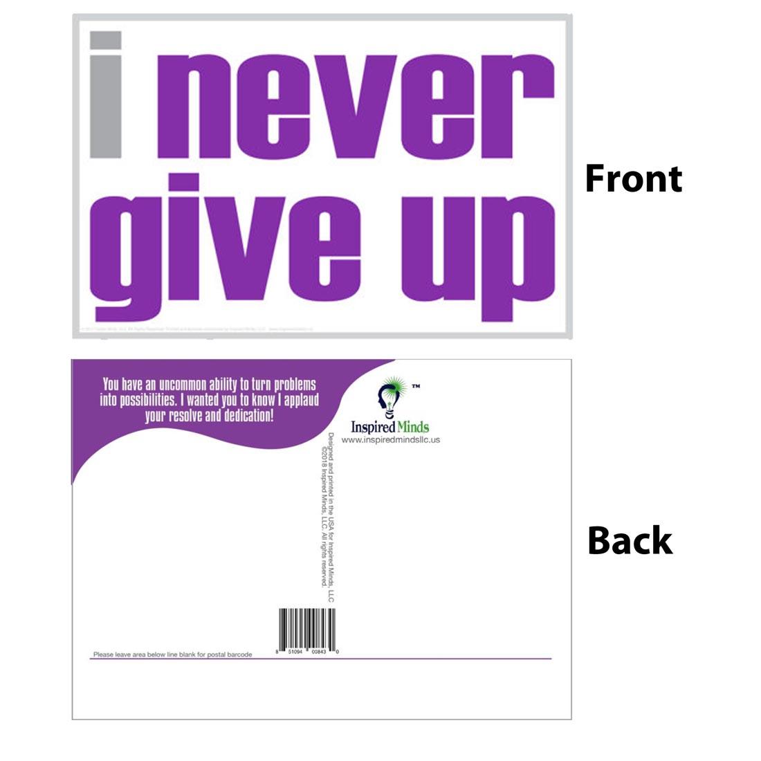 Front and back of the I Never Give Up Postcard