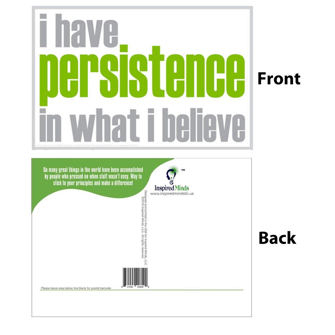 Front and back of the I Have Persistence In What I Believe Postcard