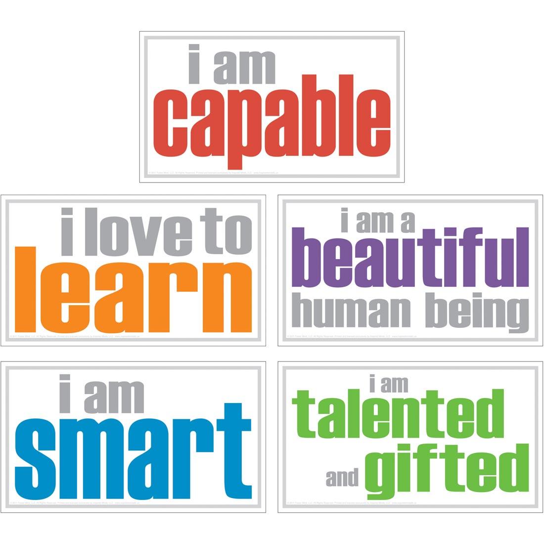 Inspired Minds Poster Set includes the messages I am capable, I love to learn, I am a beautiful human being, I am smart, I am talented and gifted