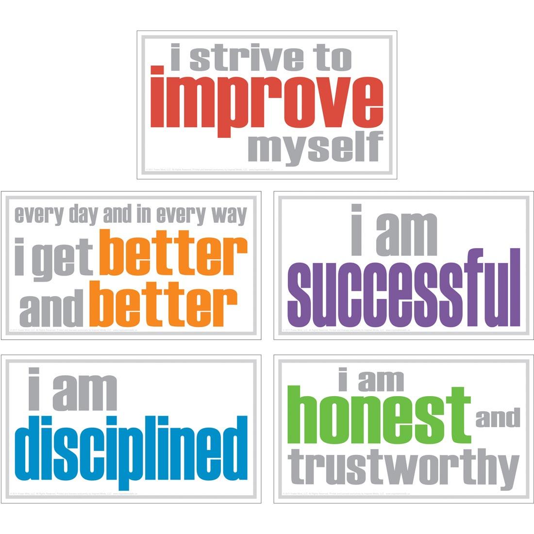 Inspired Minds Poster Set includes the messaged I strive to improve myself, every day and in every way I get better and better, I am successful, I am disciplined, I am honest and trustworthy