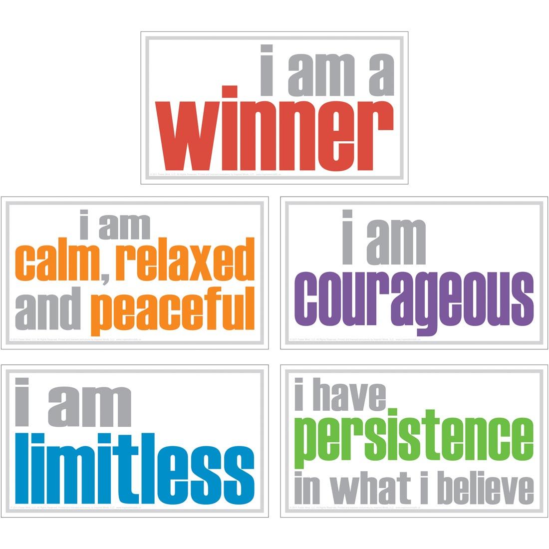 Inspired Minds Poster Set includes the messages I am a winner, I am calm, relaxed and peaceful, I am courageous, I am limitless, I have persistence in what I believe