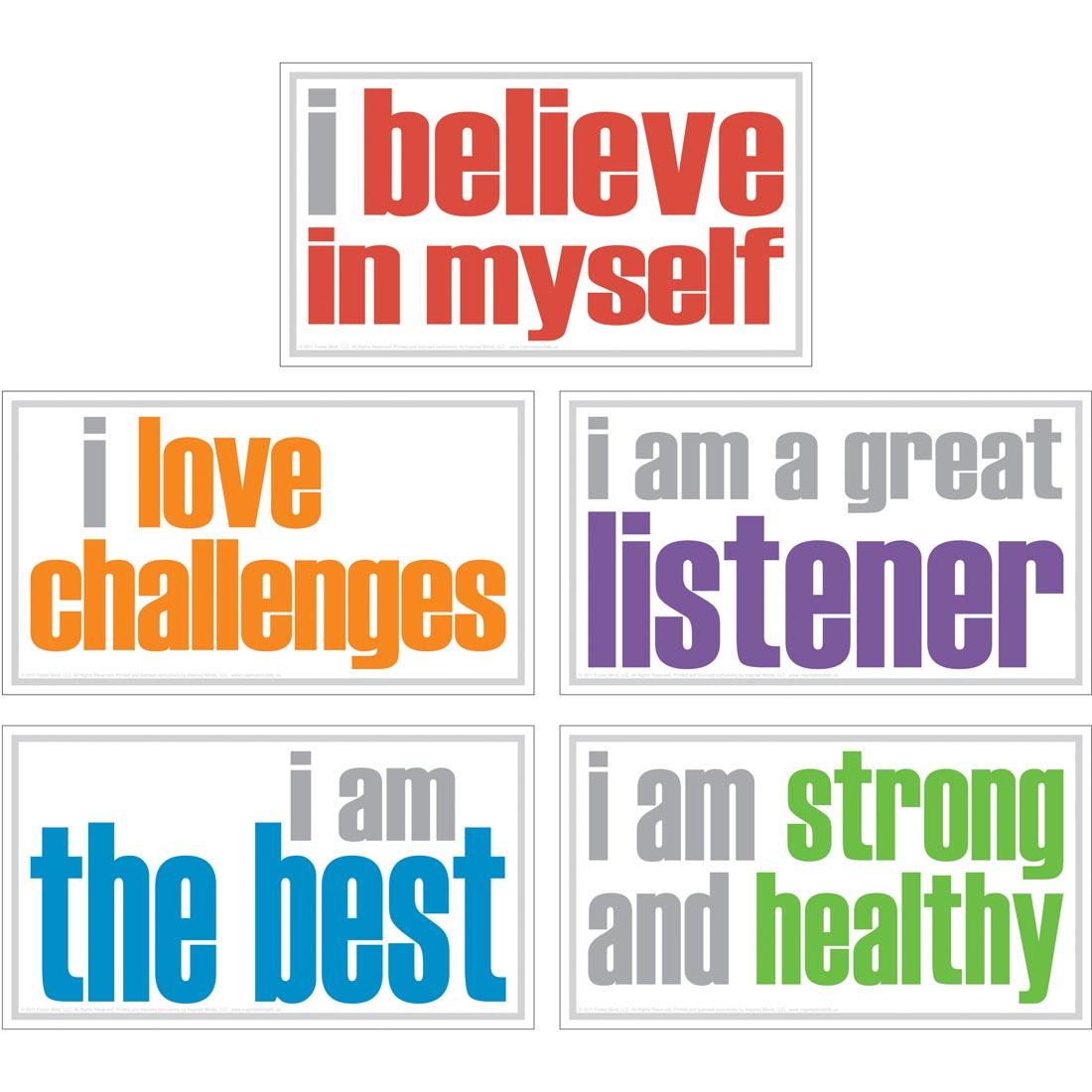 Inspired Minds Poster Set includes the messages I believe in myself, I love challenges, I am a great listener, I am the best, I am strong and healthy