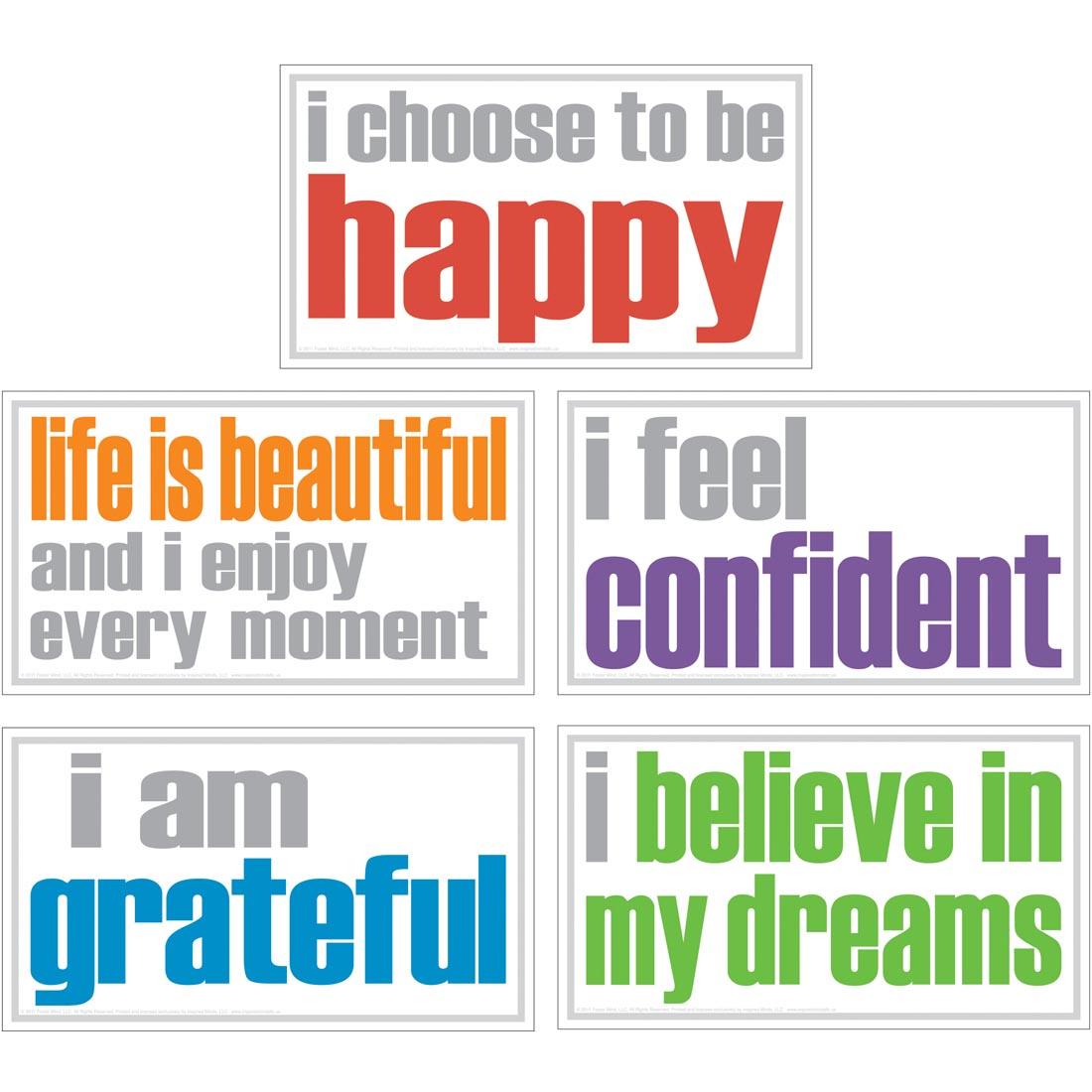 Inspired Minds Poster Set includes the messages I choose to be happy, life is beautiful and I enjoy every moment, I feel confident, I am grateful, I believe in my dreams