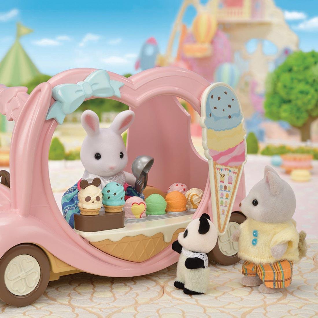 3 critters shown using the Calico Critters Ice Cream Van