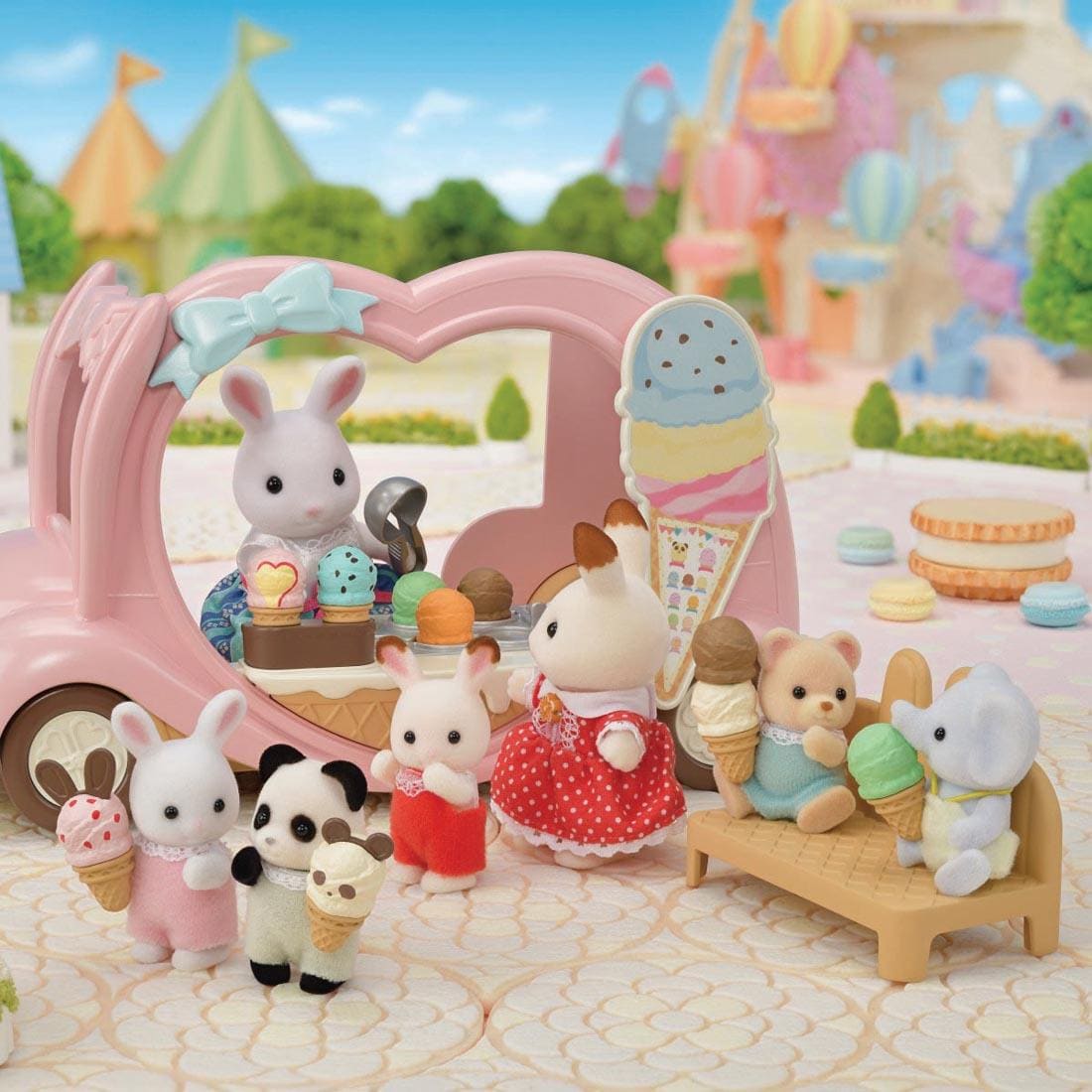 Calico Critters Ice Cream Van shown with 7 critters