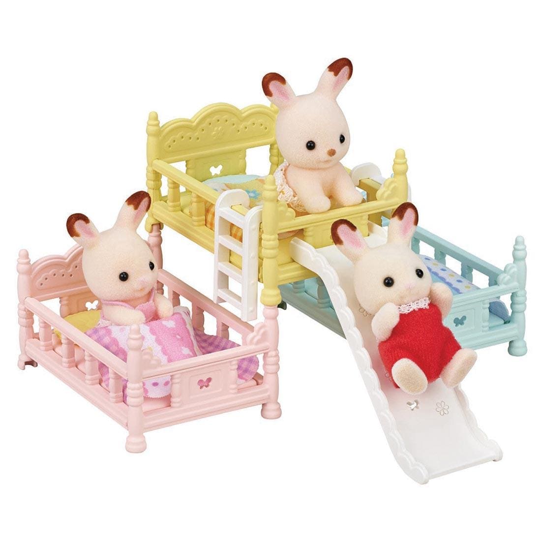 three rabbits using the Calico Critters Triple Bunk Beds