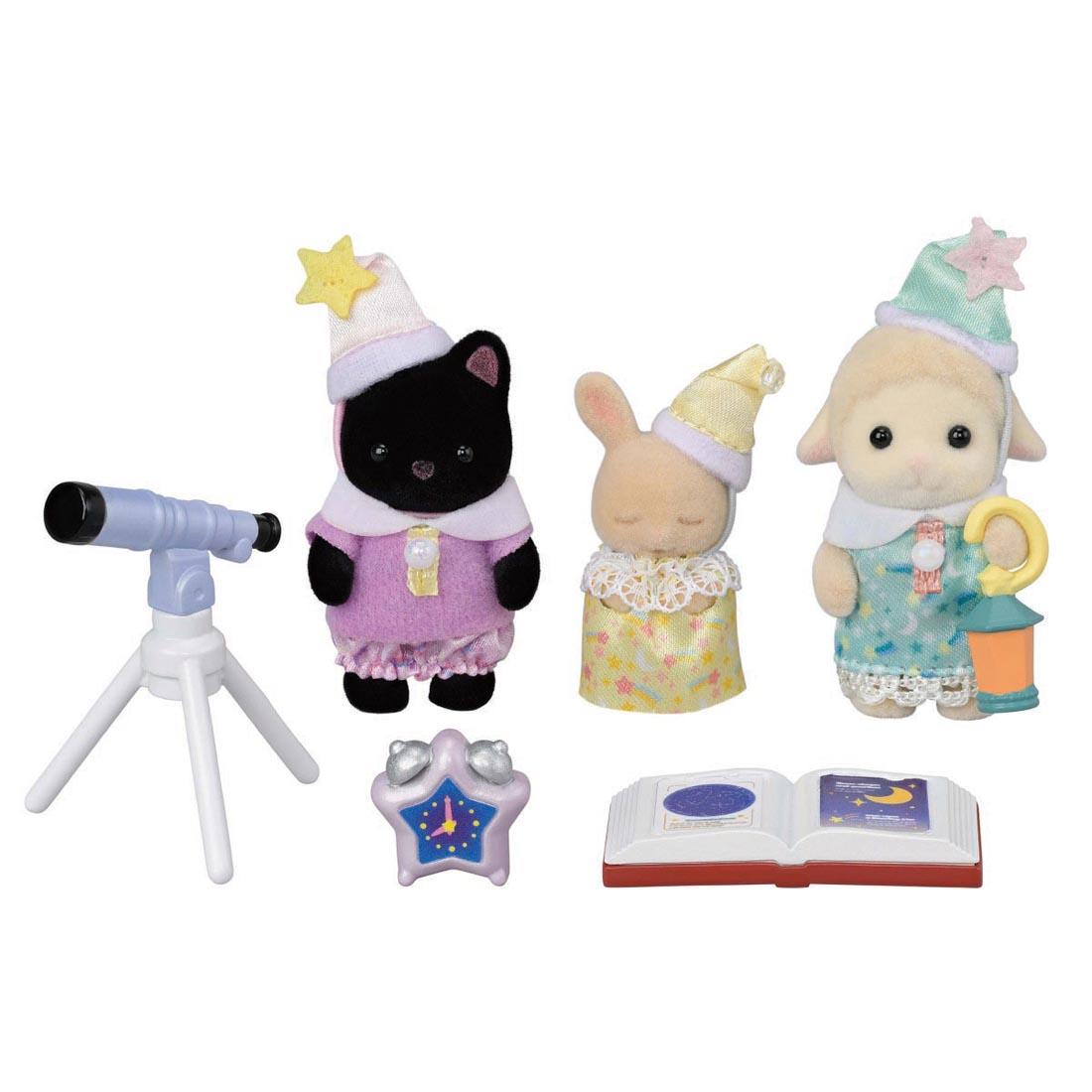 Calico Critters Nursery Friends Sleepover Party Trio with their accessories