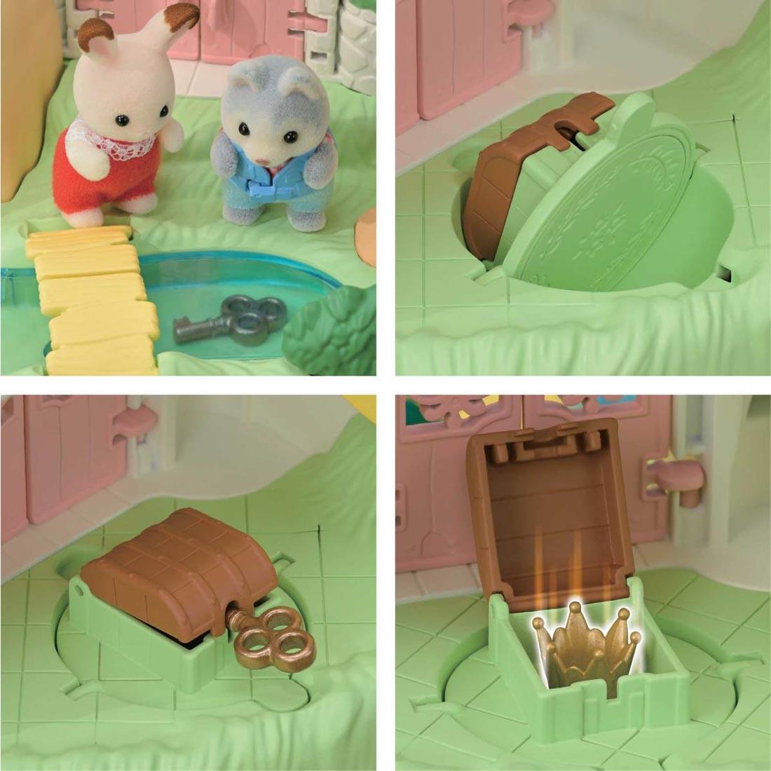 4 different closeups of parts of the Calico Critters Secret Forest Falls set