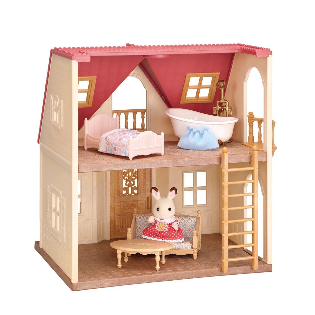 Calico Critters Red Roof Cozy Cottage Starter Home, showing Freya on the bottom floor
