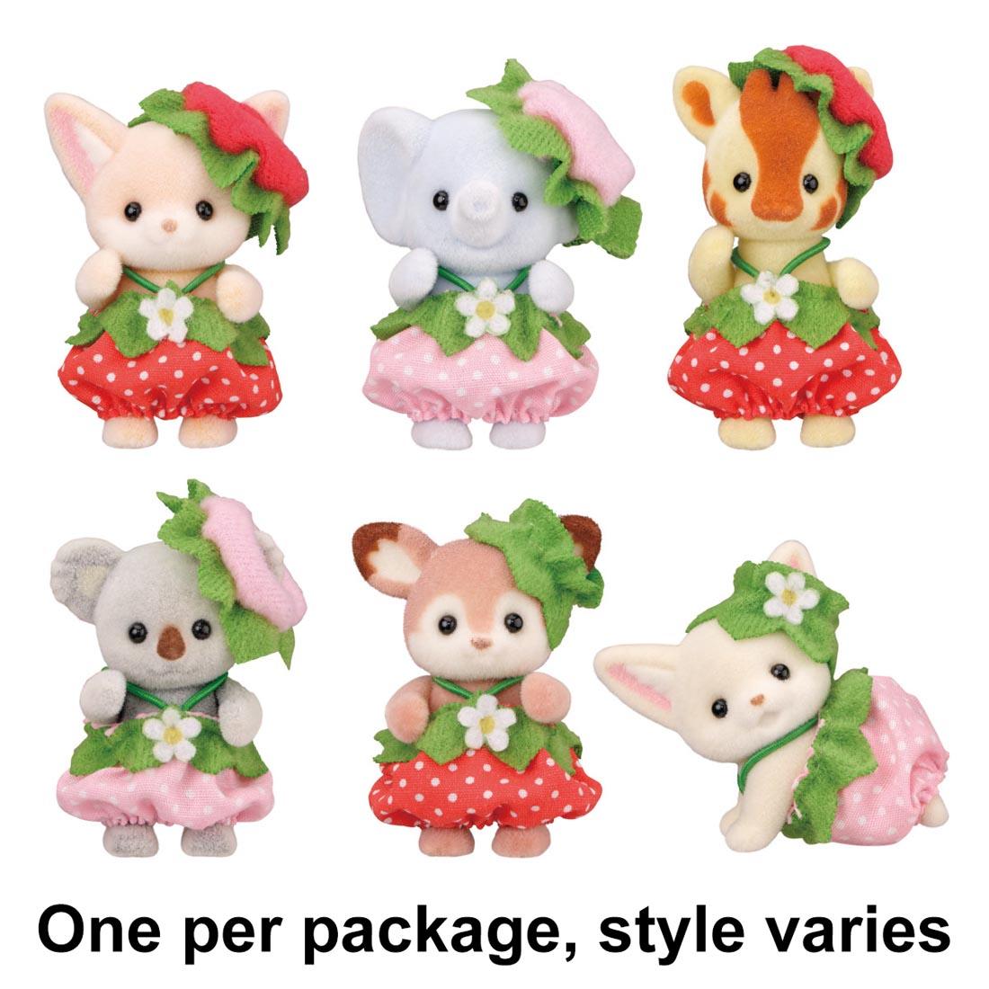 6 figurines representing the Calico Critters Cutie Collectibles Very Berry Babies Blind Bag plus text One per package, style varies