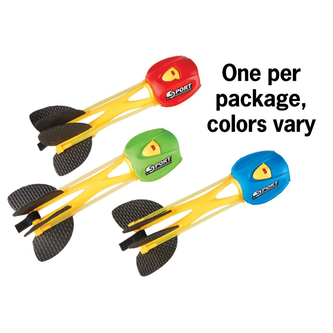 three Slingshot Rockets By Kidoozie with the text One per package, colors vary