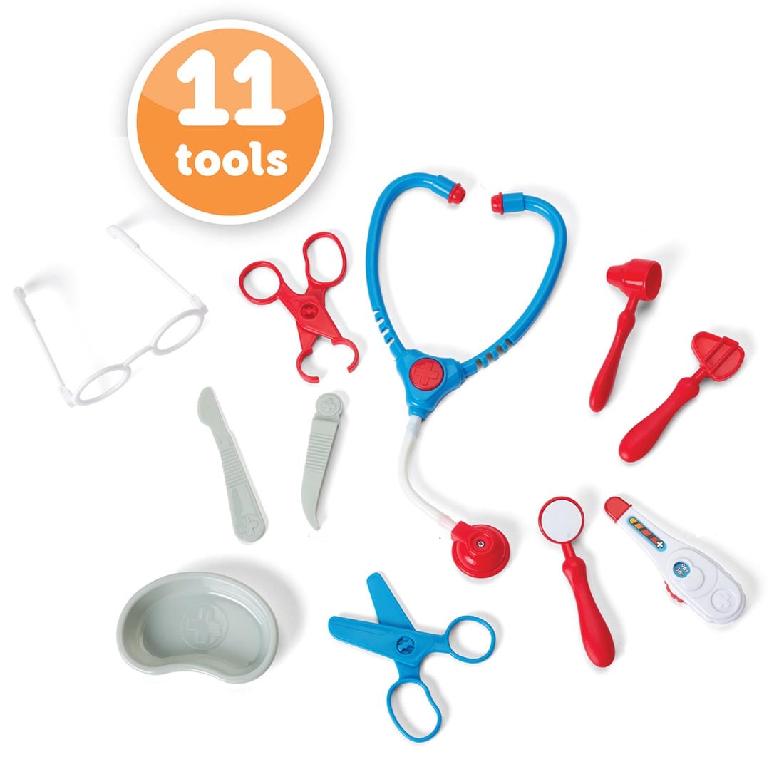 individual pieces from the My First Doctor's Kit By Kidoozie and the text 11 tools