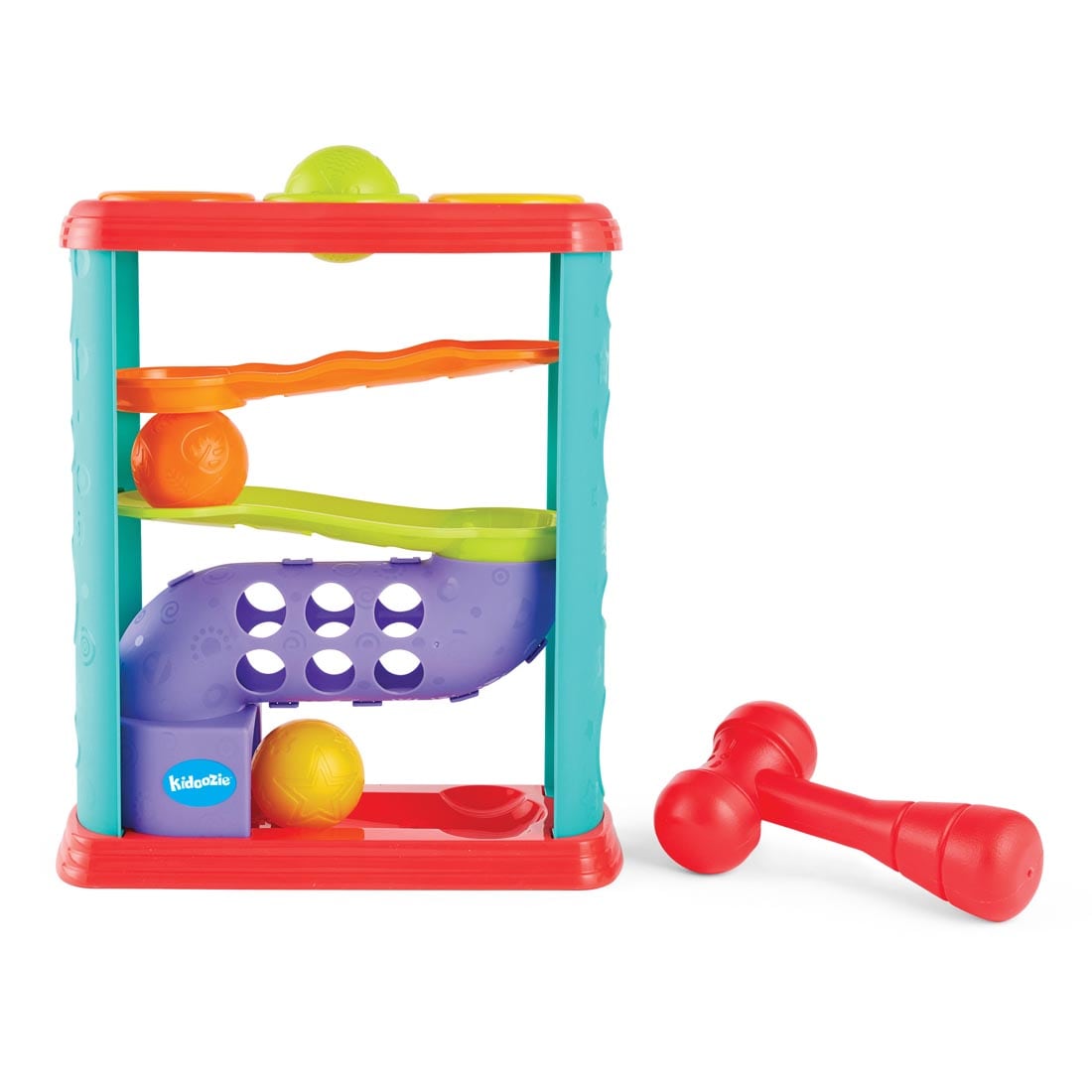 Pound-A-Ball Tower By Kidoozie, showing hammer on the size and 3 balls on the tower