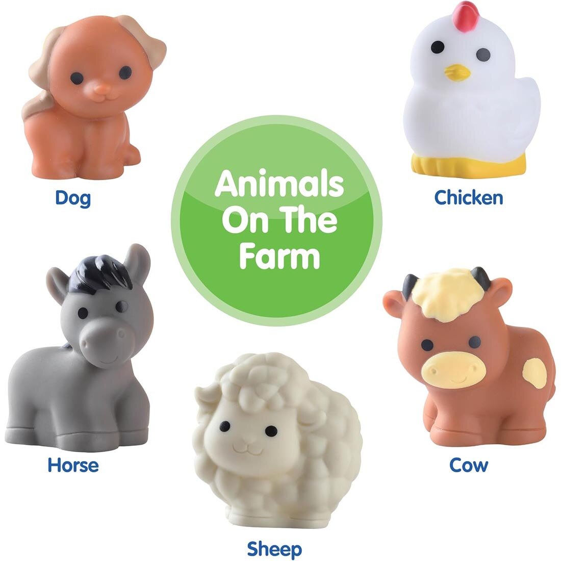 5 pieces from the Barnyard Farm Playset By Kidoozie plus text Animals on the Farm; Dog; Horse; Sheep; Cow; Chicken