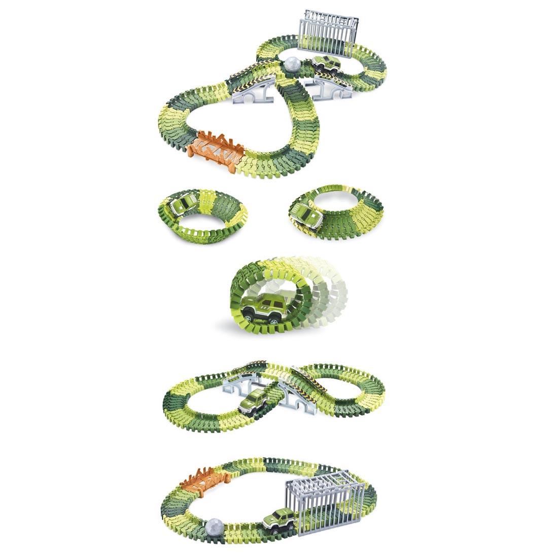 pieces of the Dino Land Race Track By Kidoozie put together in 6 different configurations