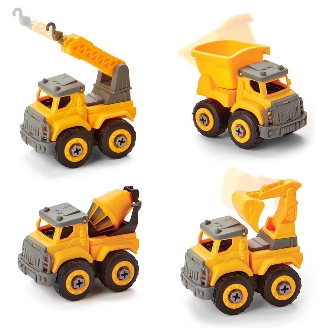 4 completed vehicles from the Tool Time Truck Set By Kidoozie