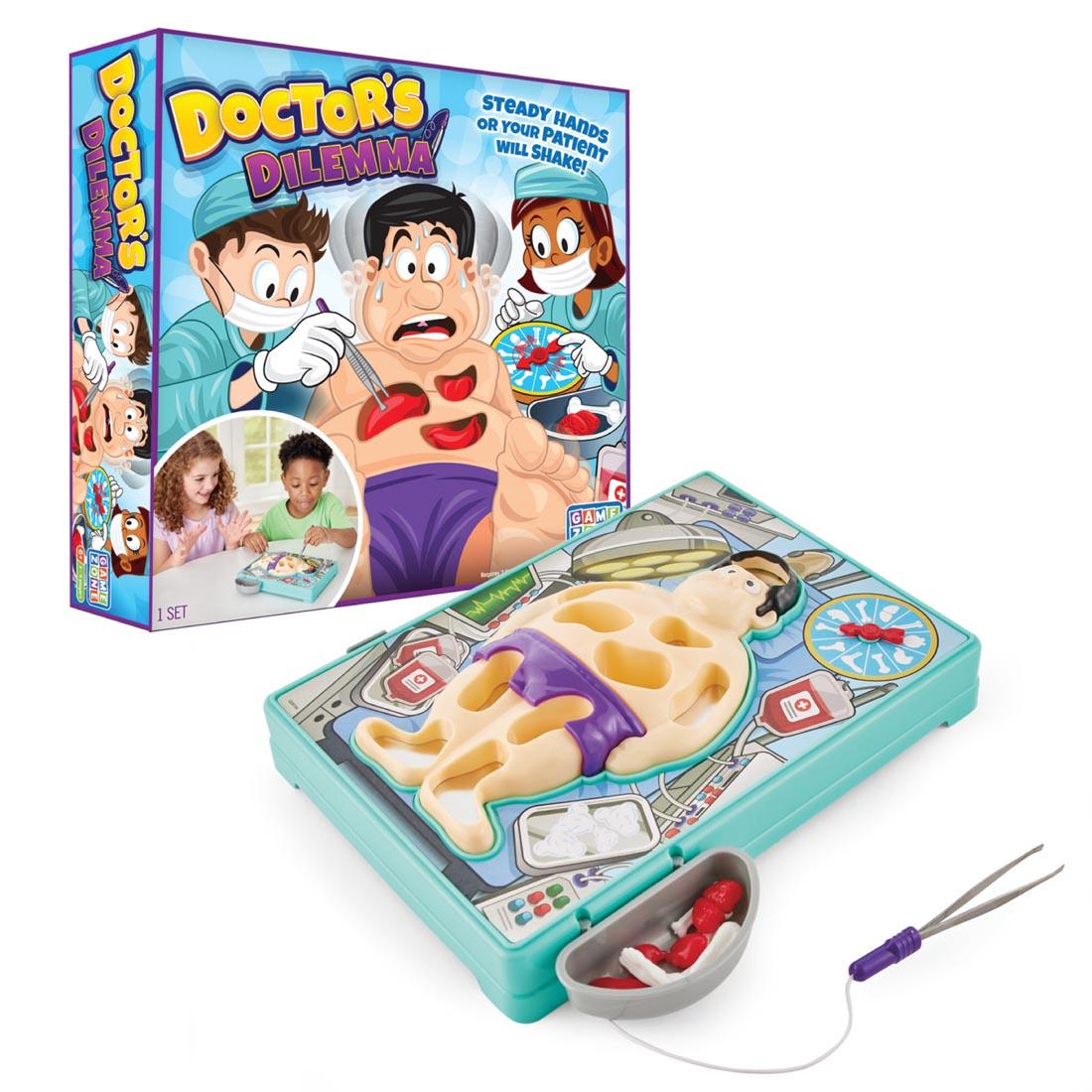 Box of Doctor's Dilemma Game By Game Zone, with game tray in the foreground