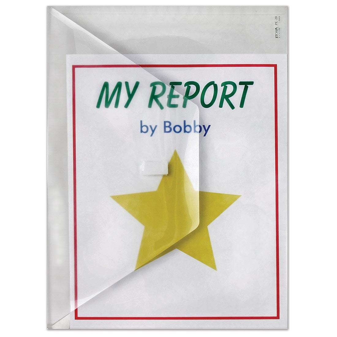 ITOYA Clear Poly Envelope holding a paper titled My Report by Bobby