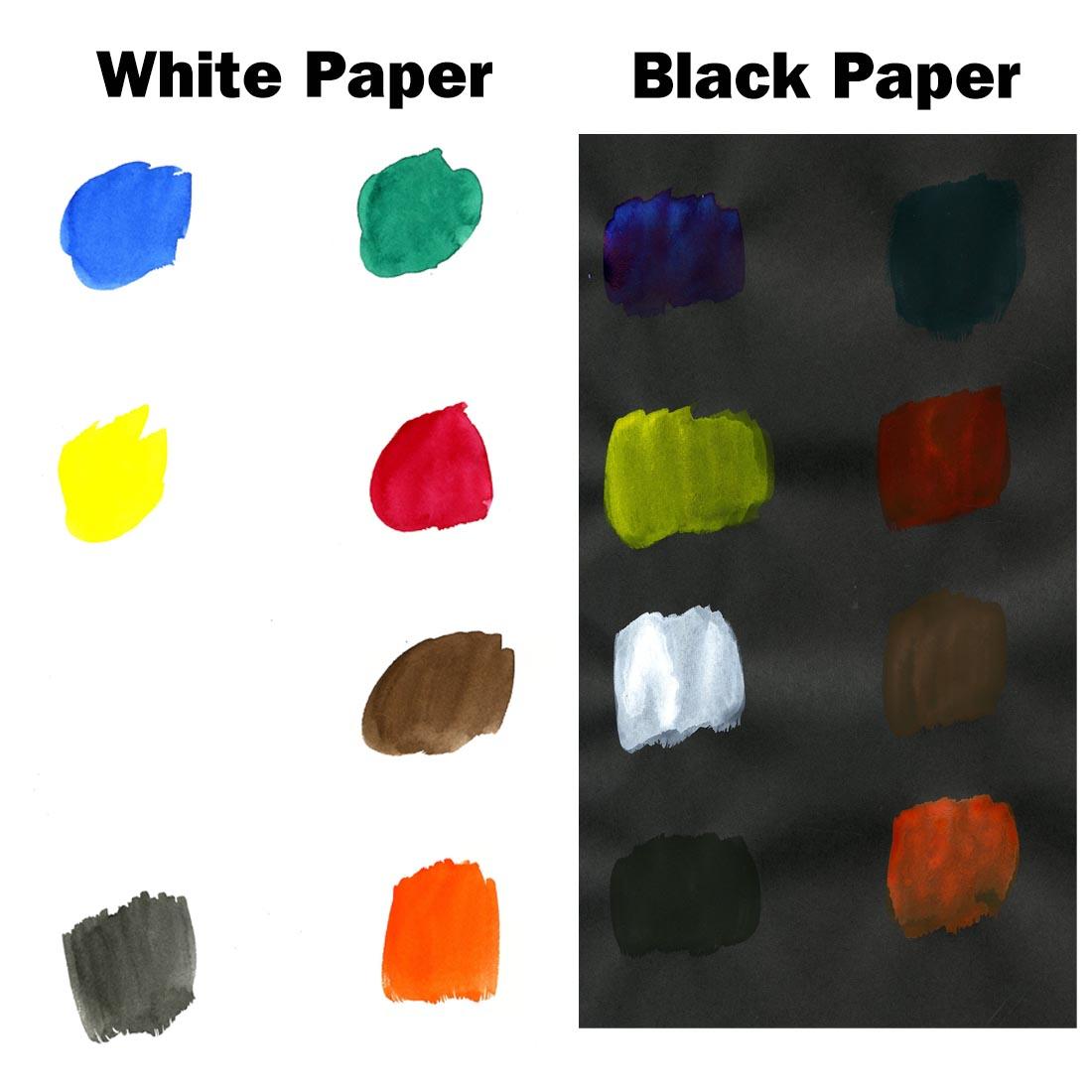 Swatches of Richeson Semi-Moist 8-Color Tempera Cake Set, shown on white and black papers