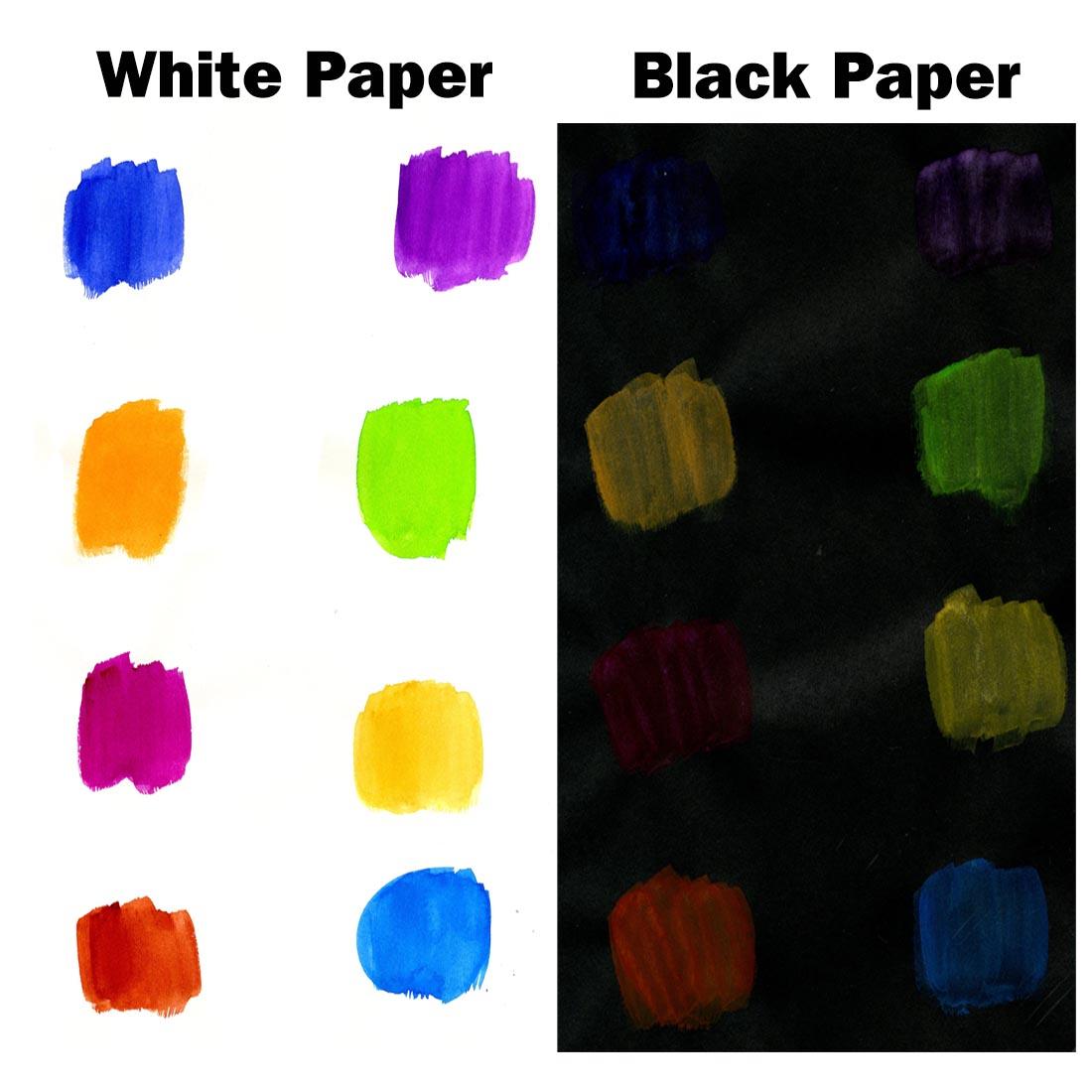 Swatches of Richeson Semi-Moist Tempera Cake Secondary Assortment, shown on white and black papers