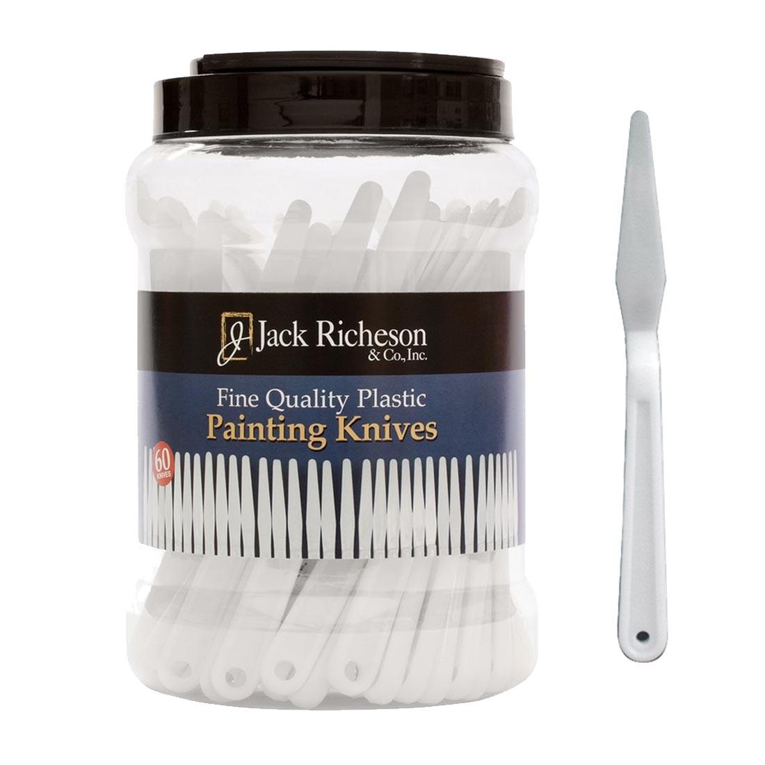 Richeson Plastic Trowel Palette Knives Jar with a single knife beside it