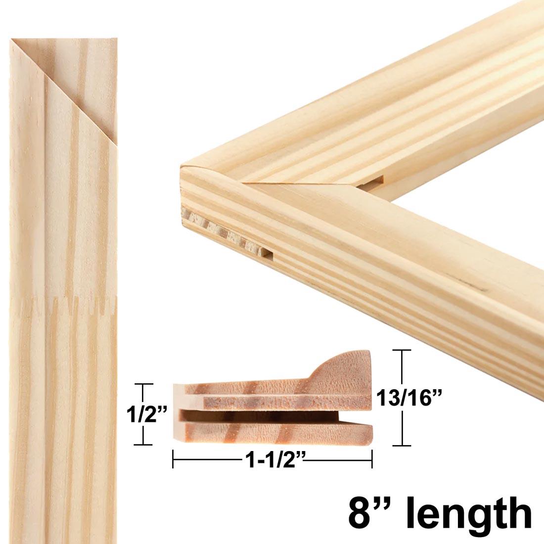 the long edge of a Richeson Light Duty Stretcher Bar beside a corner made by two bars, plus an inset cross section view with dimensions and the text 8" length