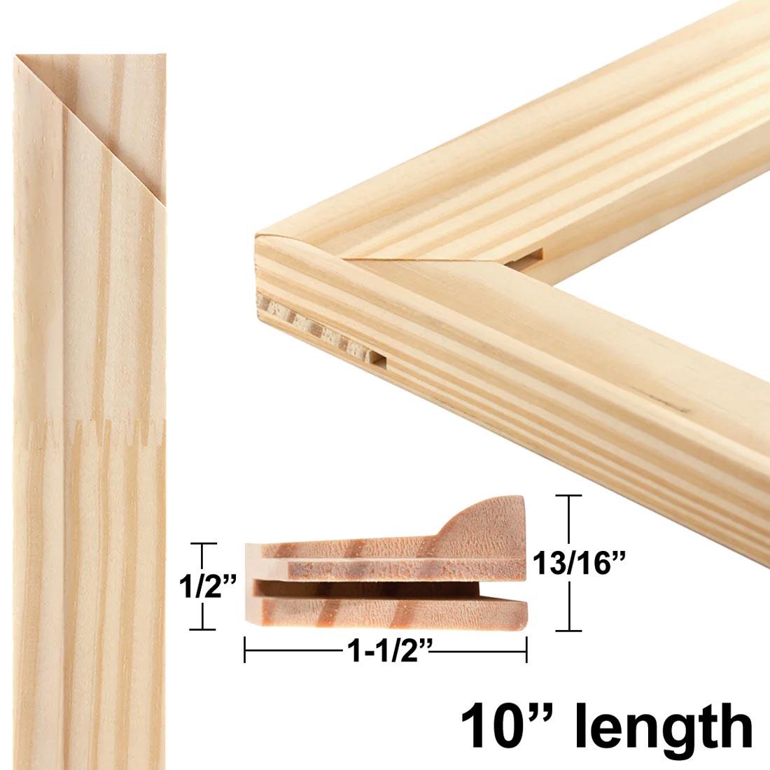 the long edge of a Richeson Light Duty Stretcher Bar beside a corner made by two bars, plus an inset cross section view with dimensions and the text 10" length