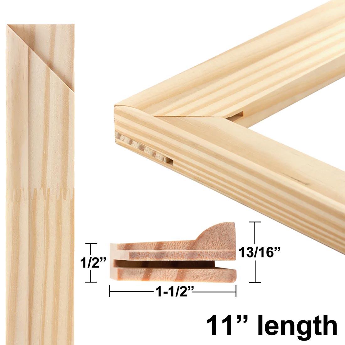 the long edge of a Richeson Light Duty Stretcher Bar beside a corner made by two bars, plus an inset cross section view with dimensions and the text 11" length