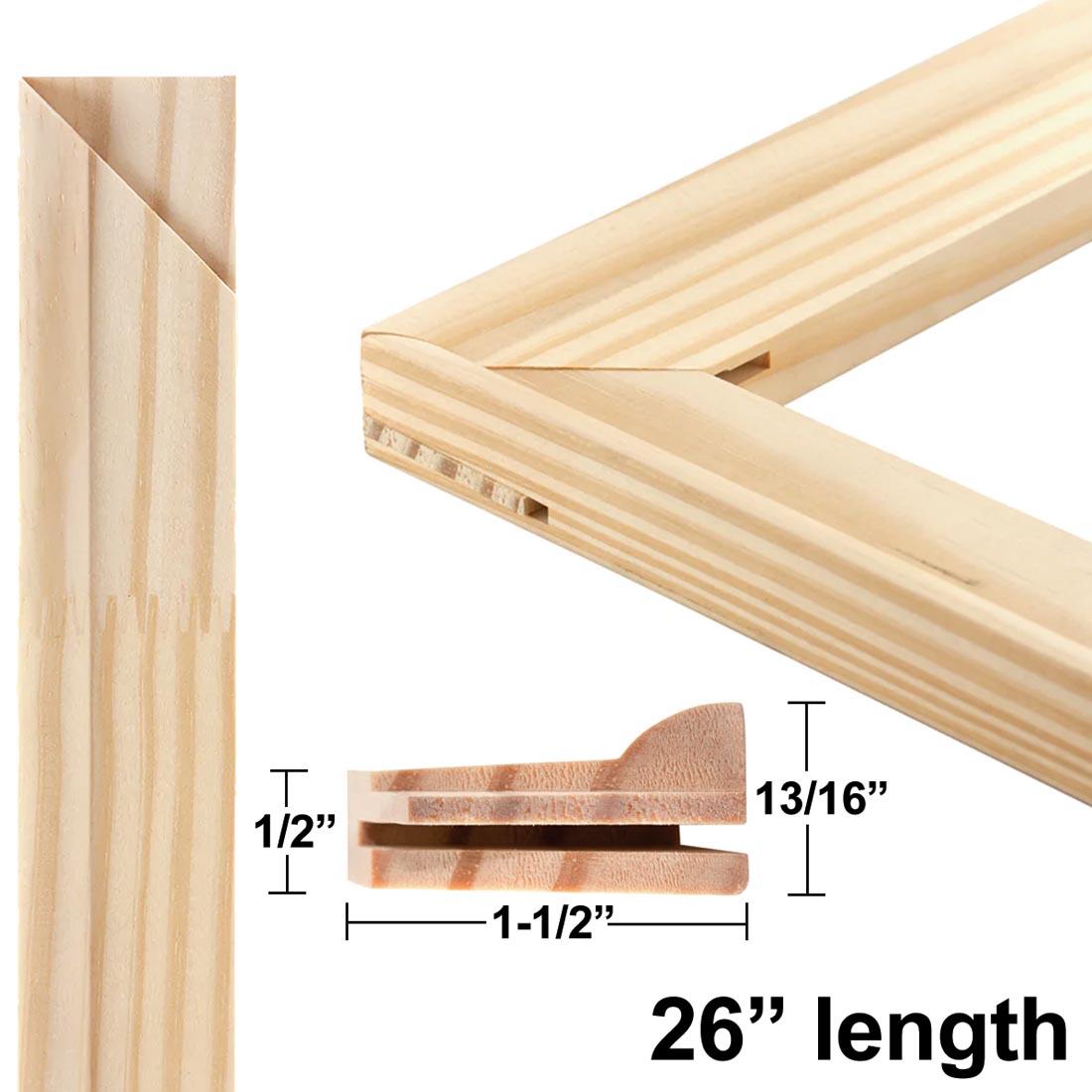 the long edge of a Richeson Light Duty Stretcher Bar beside a corner made by two bars, plus an inset cross section view with dimensions and the text 26" length