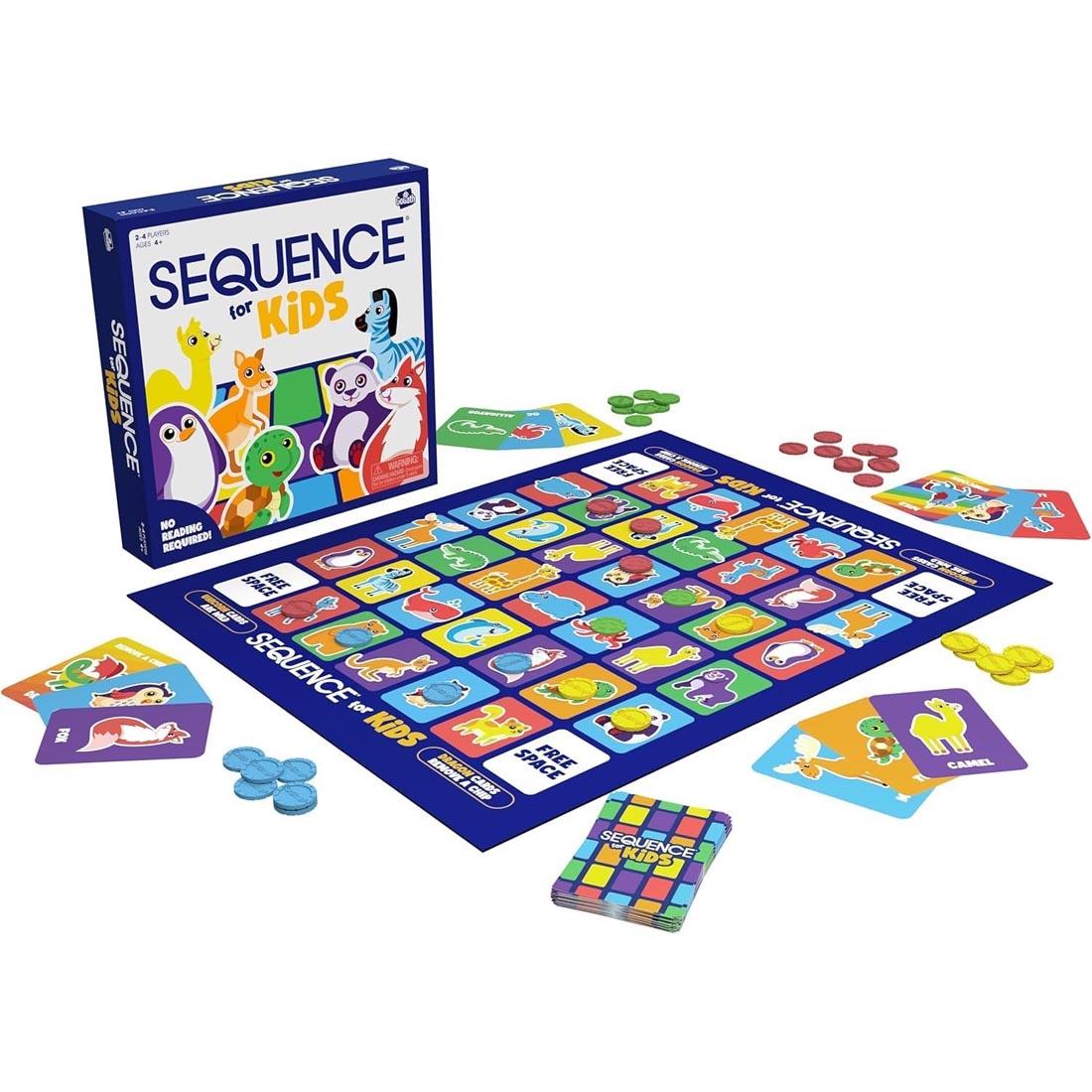 Sequence for Kids Game, showing game board, cards, chips and front of box lid