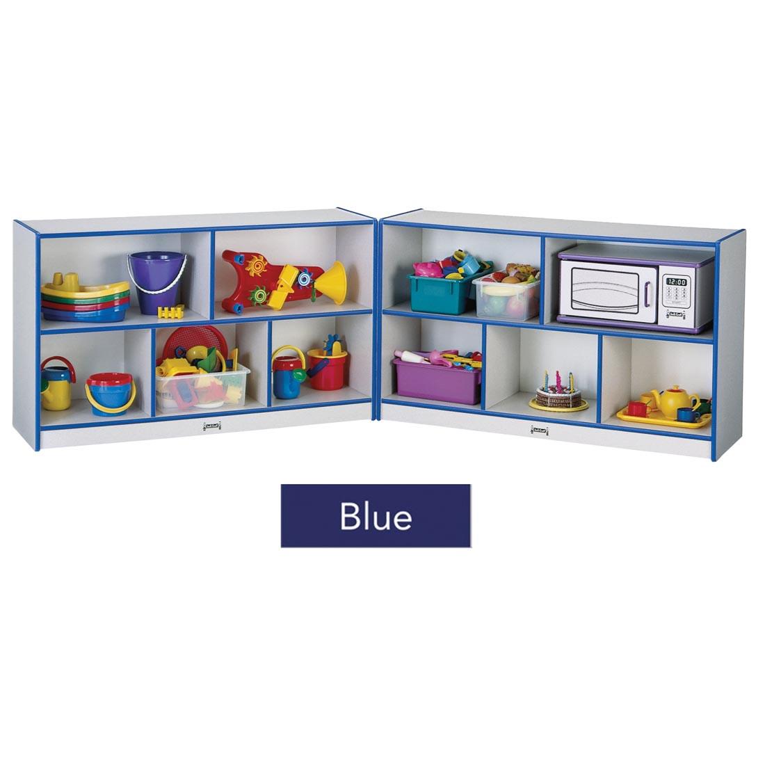 Blue Edge Fold-n-Lock Low Shelving shown with suggested storage contents; text overlay of Blue