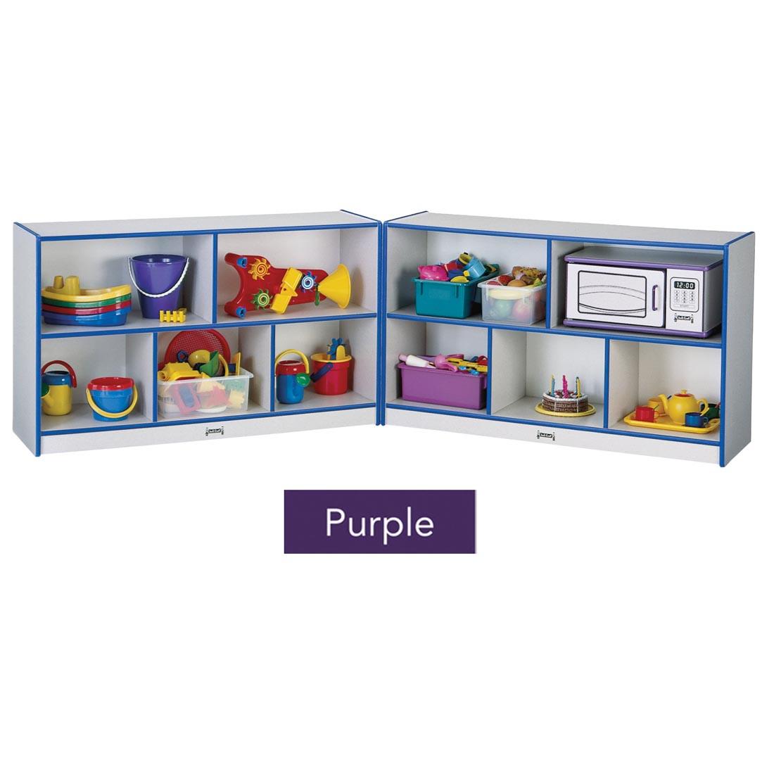 Colored Edge Fold-n-Lock Low Shelving shown with suggested storage contents; text overlay of Purple