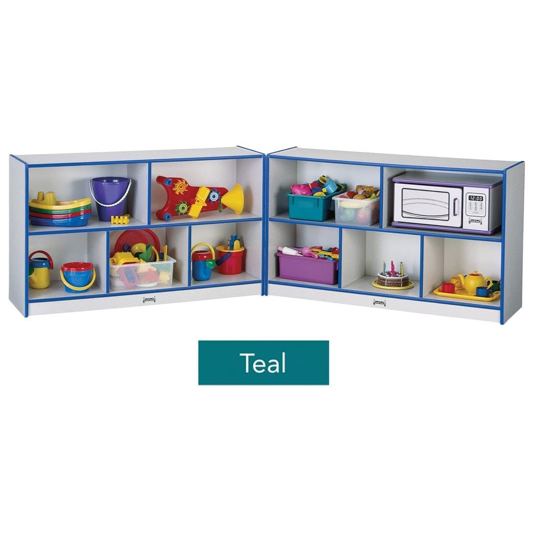 Colored Edge Fold-n-Lock Low Shelving shown with suggested storage contents; text overlay of Teal