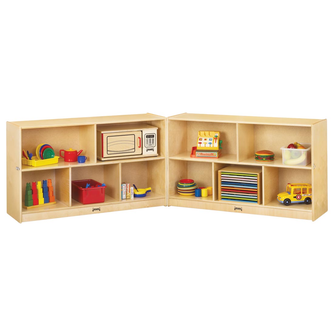 Natural Birch Fold-n-Lock Low Shelving shown with suggested storage contents