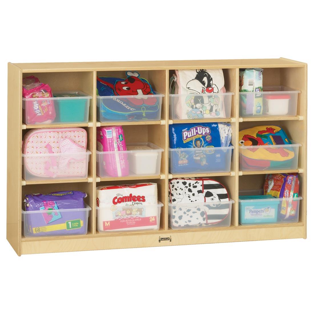 Cubby Organization Center With Clear Tubs shown with suggested storage contents