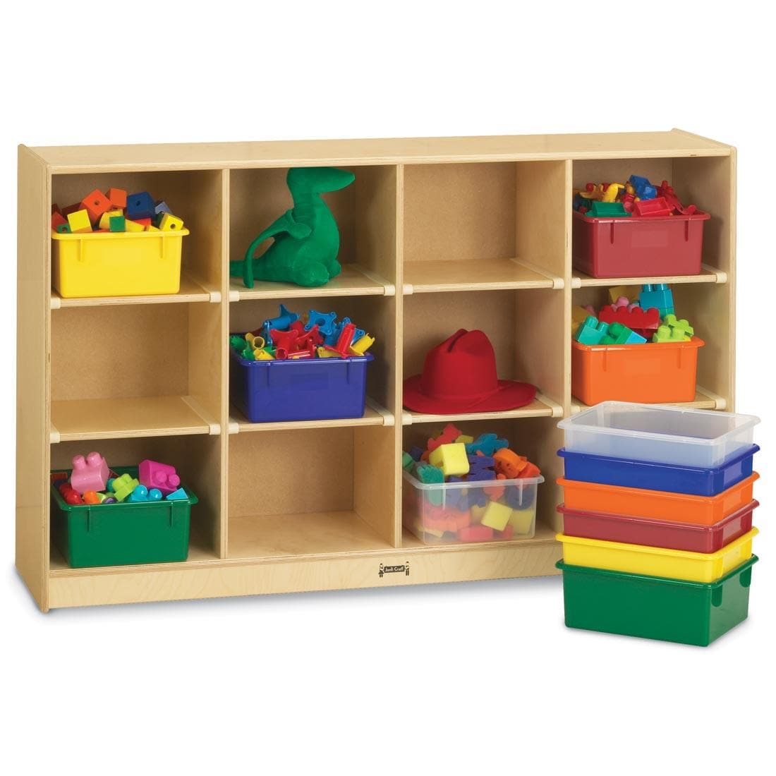 Cubby Organization Center With Colored Tubs shown with suggested storage contents