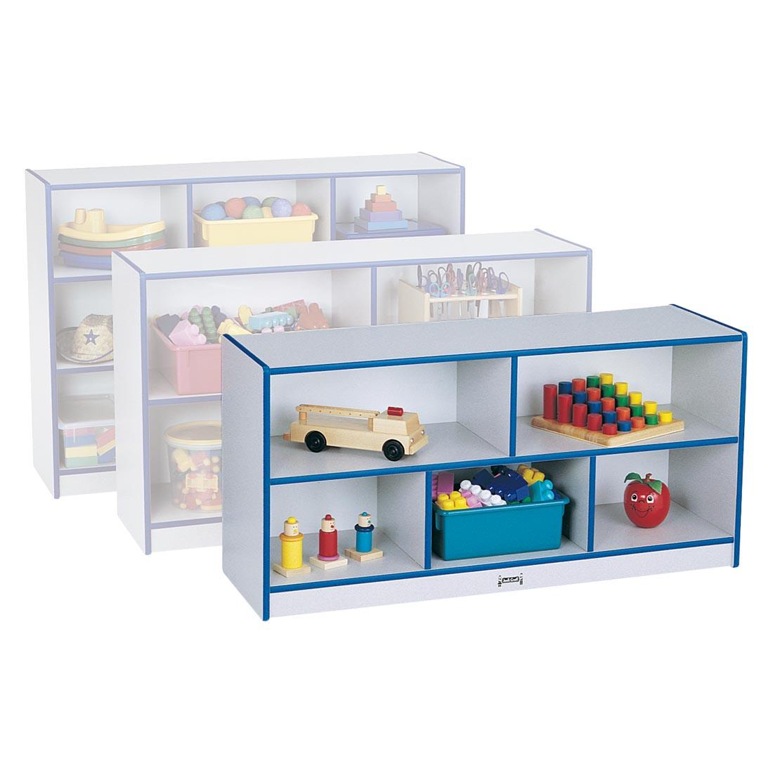 Blue Edge Rainbow Accents Single Mobile Storage Unit Toddler Height with two other shelves shown behind for scale; suggested storage contents also shown