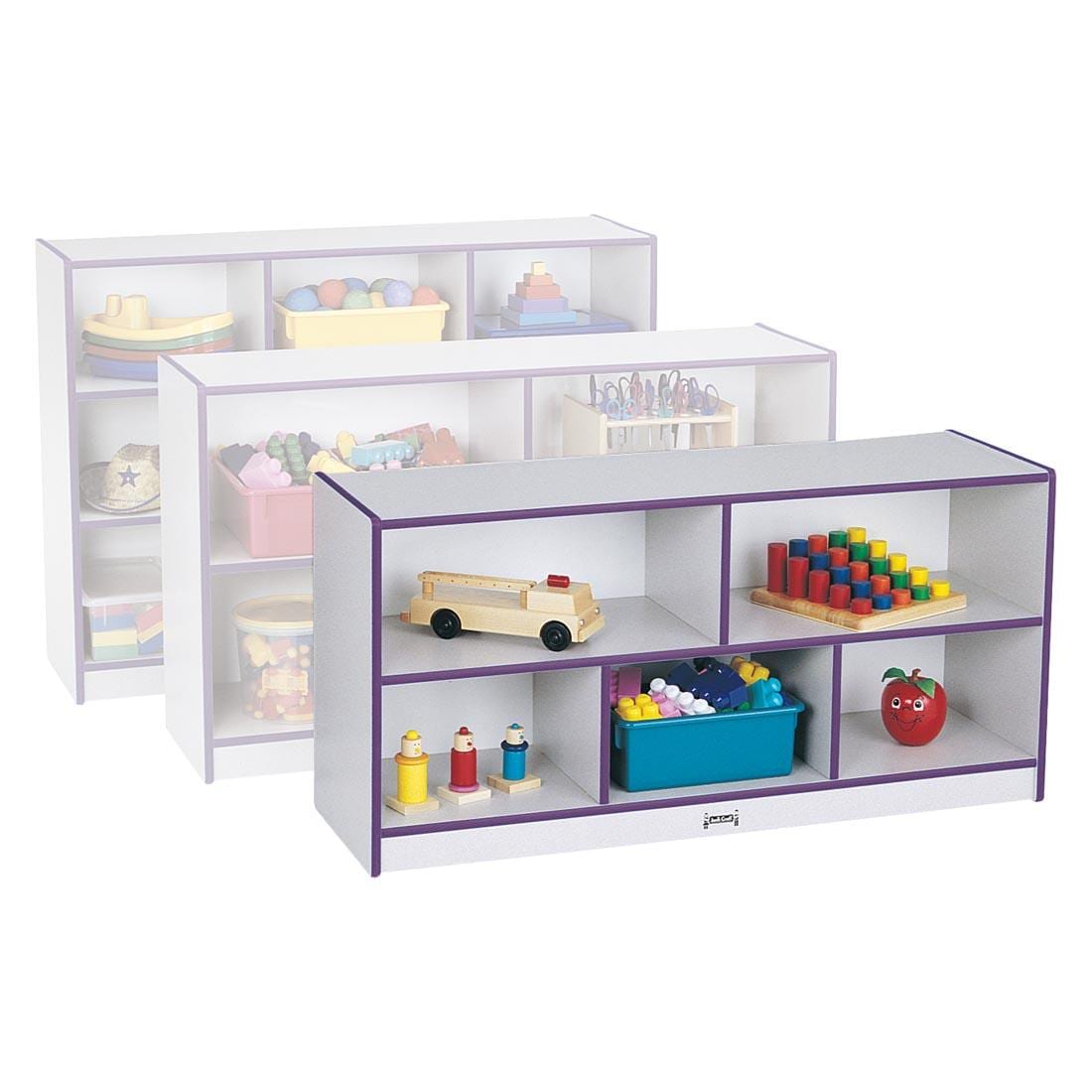 Purple Edge Rainbow Accents Single Mobile Storage Unit Toddler Height with two other shelves shown behind for scale; suggested storage contents also shown