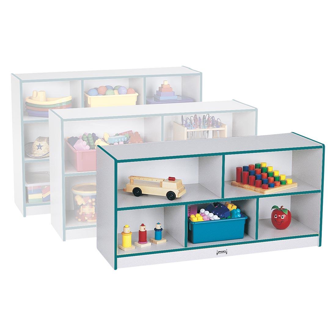 Teal Edge Rainbow Accents Single Mobile Storage Unit Toddler Height with two other shelves shown behind for scale; suggested storage contents also shown