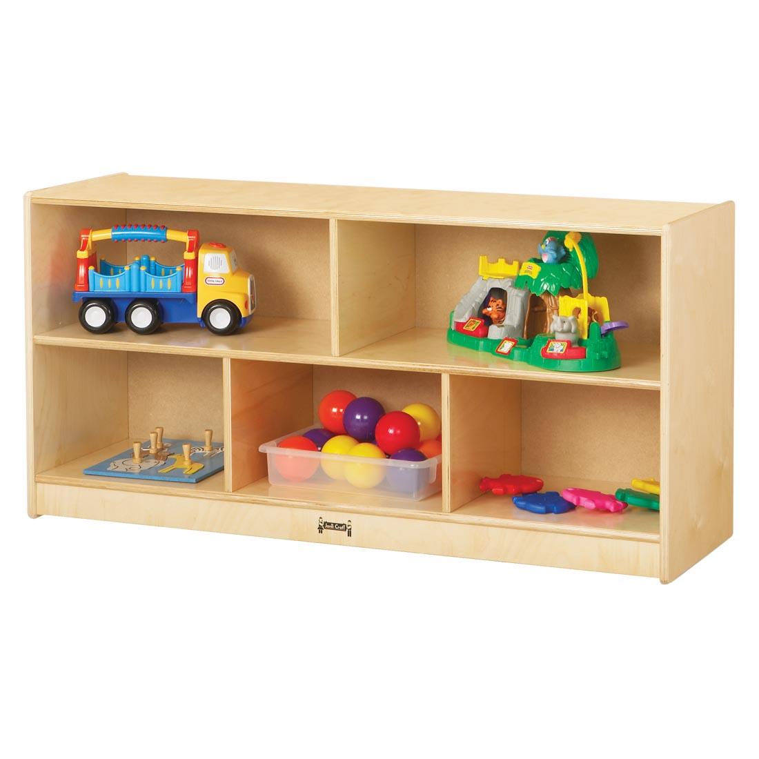 Birch Toddler Storage Unit shown with suggested storage contents