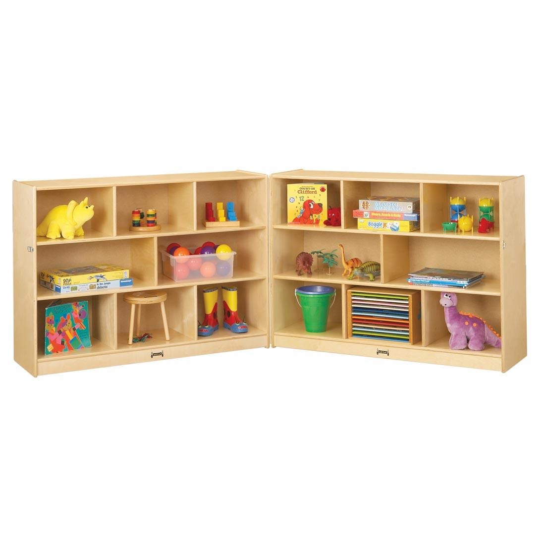 Fold-n-Lock Super-Sized Birch Shelving shown with suggested storage contents