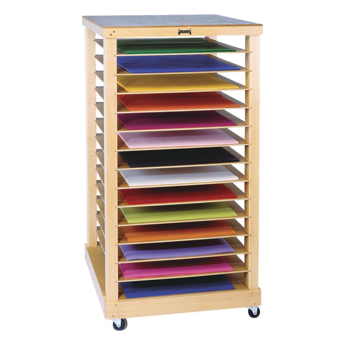 Mobile Paper Storage Rack shown with colorful paper on shelves