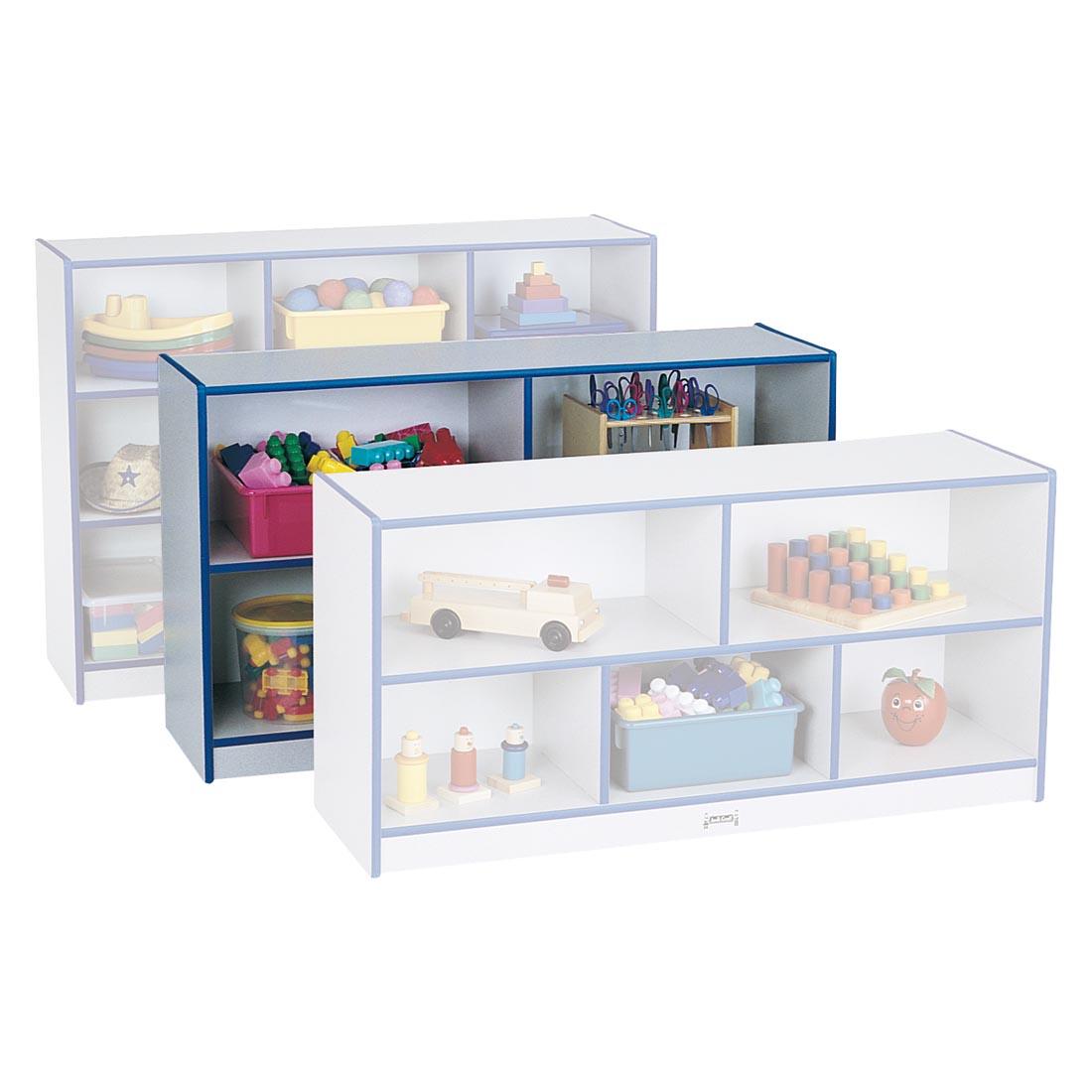 Blue Edge Rainbow Accents Single Mobile Storage Unit Low Height with a unit both in front and behind to show scale; shown with suggested storage contents