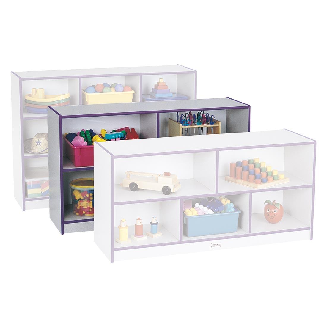 Purple Edge Rainbow Accents Single Mobile Storage Unit Low Height with a unit both in front and behind to show scale; shown with suggested storage contents