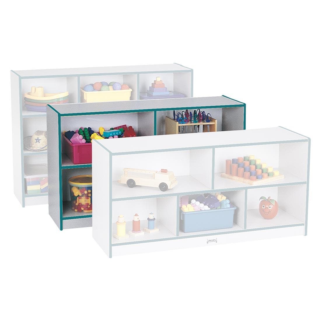 Teal Edge Rainbow Accents Single Mobile Storage Unit Low Height with a unit both in front and behind to show scale; shown with suggested storage contents